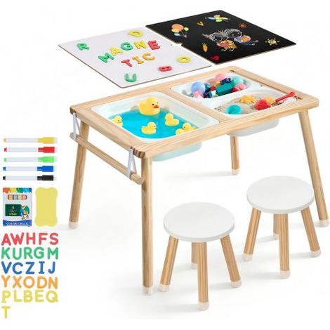 Table Sensorielle pour Tout-Petits,Table d'Activité en Bois pour Enfants avec 2 Tabourets,Tableaux Double Face,Bacs de Rangement,pour Jeux de Sable et d'Eau,Dessin,Apprentissage,Repas (1/3)