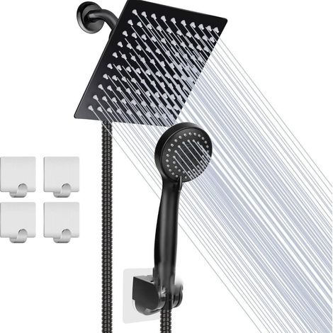Pommeau de douche avec tuyau, pommeau de douche à effet pluie haute pression en acier inoxydable et jet de douche à main à 3 réglages avec contrôle de débit à bouton-poussoir (noir mat) (1/3)