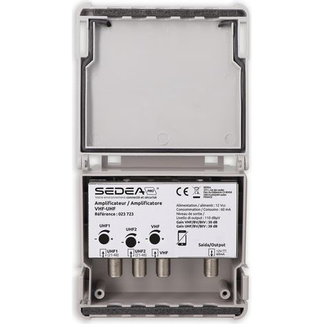 Amplificateur VHF UHF 3 entrées 38 dB – Gain 30 dB VHF et 38 dB UHF – Connecteurs type F à visser – Alimentation 12V 60mA – Sedea