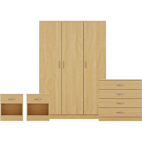 Riano 4 Piece Bedroom Set (1 Drawer Bedside Chest, 4 Drawer Chest, 3 Door Wardrobe), Pine (1/3)