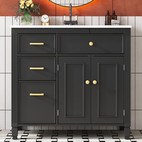 Meuble sous vasque sur pied 91 cm avec vasque céramique noir - meuble de salle de bain rangement tiroirs - moderne chic (1/5)