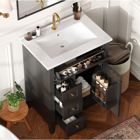 MODFU – Mueble bajo lavabo 61x47x86 cm de MDF/cerámica con lavabo, cajón abatible, 3 cajones, acabado brillante y carga 45 kg – Negro brillante (1/5)