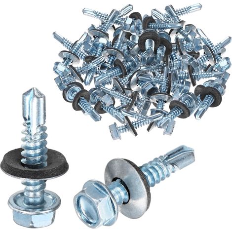 50-Pack Vis Auto-Foreuses Avec Joint En Caoutchouc M6.3 x 32mm En Acier Carbone Zingué À Tête Hexagonale Pour Toiture Métallique/Panneaux De Bardage/Structures En Acier (1/5)