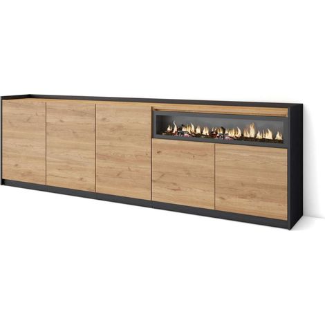 Aparador Benadalid-01 de 260x80x37 cm con 5 puertas, chimenea eléctrica, color roble y negro (1/4)