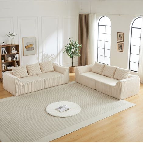Sofá modular de corduroy con líneas curvas, reposabrazos redondeados, espuma, beige (1/5)