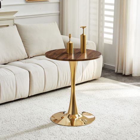 Table à manger ronde 60 cm en MDF, plateau effet grain de noyer, pied central en métal doré HAVRYA (1/5)
