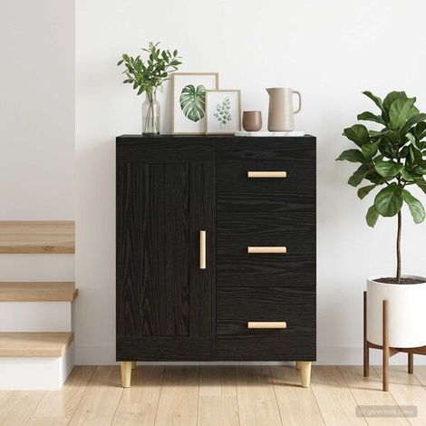 Buffet Chêne Noir 69,5 X 34 X 90 Cm, Bois D'ingénierie, Porte Réversible, Pieds Fins (1/4)