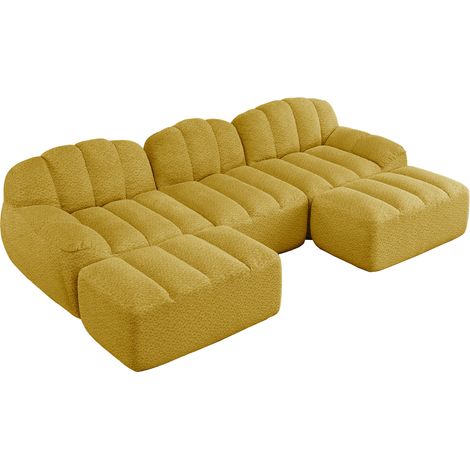 Divano modulare a U 3 posti con 2 pouf, schiuma ad alta densità 32D, tessuto morbido, giallo (1/5)