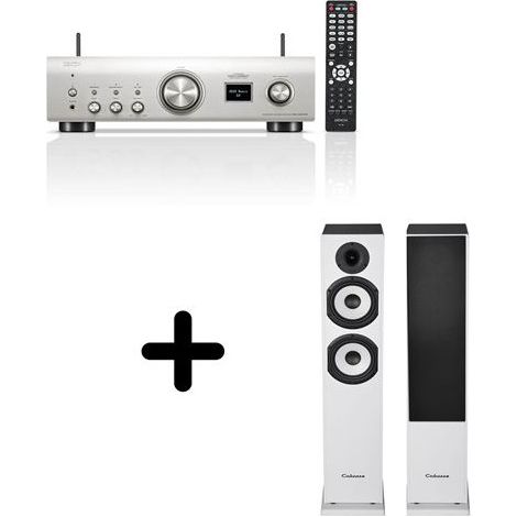 Un ampli Denon PMA-900HNE Argent + une paire d'enceintes colonne Cabasse Jersey MT32/2 Blanc mat