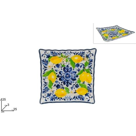 Piatto da Tavola in Vetro Decoro Maiolica e Limoni 25 x 25 cm (1/2)