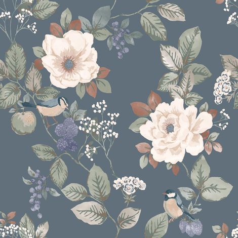 Belgravia Bramble Floral Blue Wallpaper Birds Leaves Flowers Feature Wall (1/4)