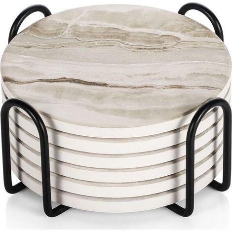 Dessous de Verre, Lot de 6 sous Verre avec Support, Absorbants Coaster en Céramique Antidérapants pour la Maison, Le Café et Les Bars - Dessous de Verre à Motif de Marbre (1/4)