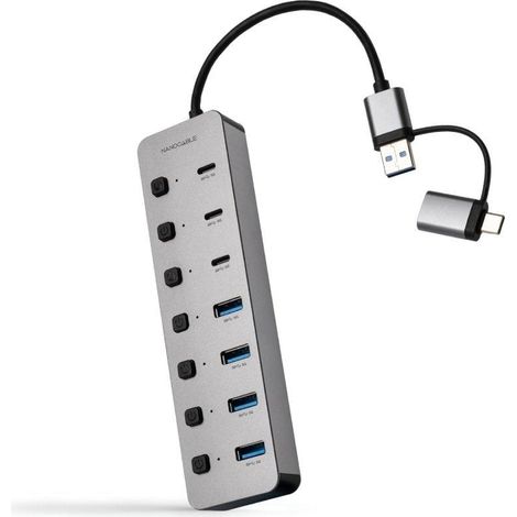 Hub USB + USB Tipo-C Nanocable 10.16.4510/ 4xUSB/ 3xUSB Tipo-C/ 1xUSB Tipo-C PD/ Gris