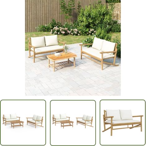 The Living Store Salon de jardin 3 pcs avec coussins blanc crème bambou - Salon De Jardin - Mobilier De Jardin - Ensemble De Salon - Meubles En Bambou - Set De Jardin (1/5)