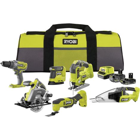 Kit 6 outils 18V : Perceuse percussion, Scie sauteuse, Ponceuse triangulaire, outil multi-fonction, Scie circulaire, Aspirateur - batterie 1x4Ah, 1x2Ah, chargeur, sac - RCK186O-242SZL (1/5)