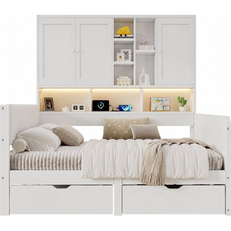 Lit enfant 90x200 avec rangement, LED, USB-C et prise, tête de lit capitonnée en cuir régénéré, blanc, MDF, sans matelas – CHICFURN (1/5)