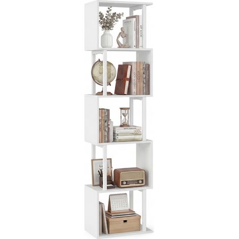 Bibliothèque à 5 Niveaux, Meuble de Rangement Ouvert Géométrique en Forme de S avec Cadre Métallique, Étagère à Livres, 38 x 23 x 147 cm, Blanc