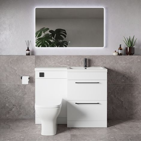 Napoli 390 Gloss White 1100mm 2 Drawer Vanity Unit Toilet Suite with Square Right Hand Lucia Basin - 1100mm - Matt Black 320mm HandleWith Kingston Toilet Pan and Seat
