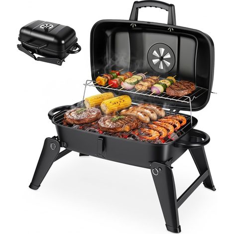 Barbecue de camping, portable au charbon de bois, de table, 2 en 1, fonction barbecue et four, barbecue pliable avec poignée en bois pour le camping et le jardin, noir (1/5)