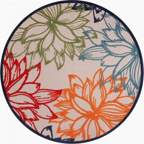 Tapis extérieur kilim Ø150cm bleu et beige rond CHIMEKO