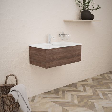Inda - Badezimmerschrank B.80 mit glänzendem Waschbecken / Braune Eiche 1 Schublade - Topazio (1/5)