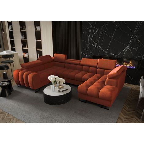 Wohnlandschaft Schlafsofa BASTIEN in Stoff Moly Ziegelrot Ottomane Rechts