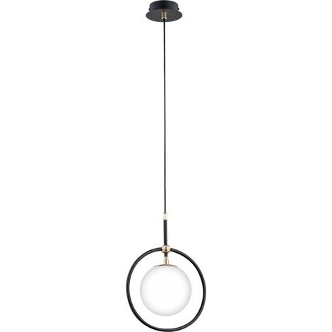 Alfa AKIRA Modern Pendant Ceiling Lamp  White Globe Shade with Black Ring, Metal 1-Light Hanging Light, E14 Max 10W, 24 cm, H 90 cm, Dimmable with Bulb (1/3)