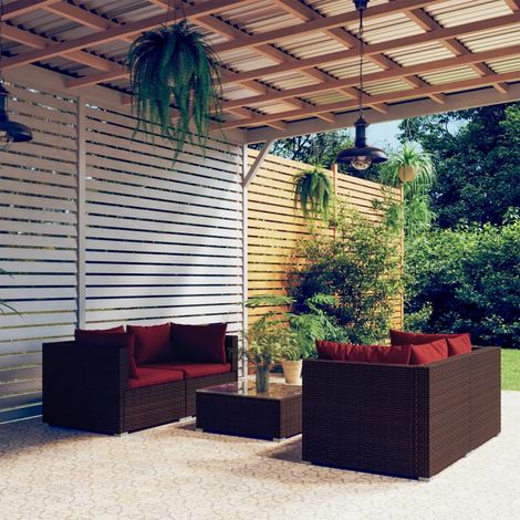 Set muebles de jardín 5 piezas y cojines ratán sintético marrón vidaXL (1/5)