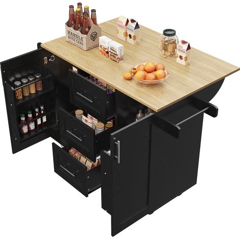 Îlot De Cuisine 135 X 46-74 X 86,6/87,2 Cm Noir En Mdf Et Métal, Côtés Rabattables (1/5)