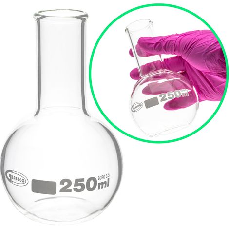 Matraz de fondo plano de 250 ml, vidrio de borosilicato 3.3, cuello estrecho, reforzado (1/3)