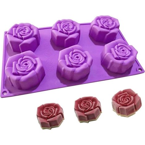 Moule en silicone, moule à savon en forme de rose à 6 cavités, moule de cuisson pour gâteaux, savons, bonbons, chocolats, cupcakes, gelées, puddings au pain et muffins (1/5)