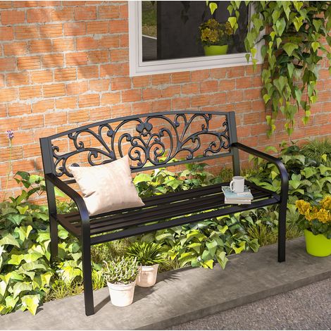 Banc de jardin métallique 2 places avec dossier et accoudoirs, noir HAVRYA (1/5)
