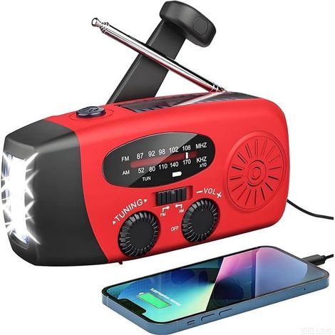 Radio de emergencia energía solar: radio portátil manivela autocargable, linterna LED, radio meteorológica AM/FM/WB batería recargable 2000 mAh (1/5)
