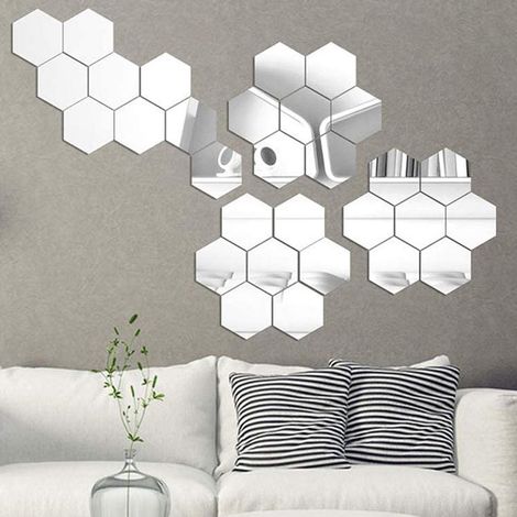 Miroirs adhésifs muraux, 16 pièces 12611063mm, déco or et argent, stickers miroir amovibles, panneaux acryliques DIY, mosaïque hexagonale, autocollants muraux pour salon et chambre (1/4)