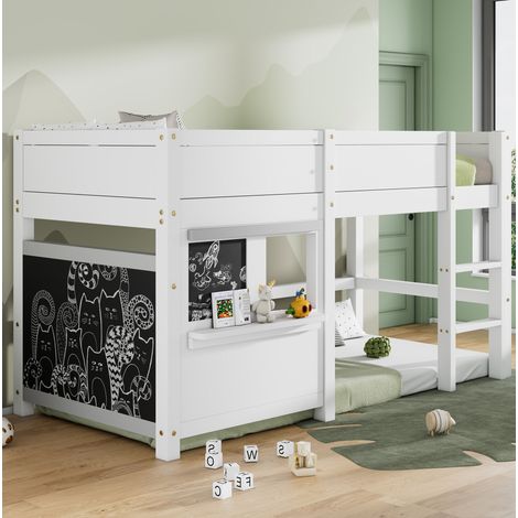 Lit cabane enfant 90/200 cm blanc en bois massif avec tableaux et petite étagère (1/5)