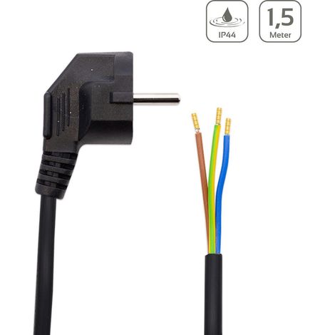 Netzkabel schwarz, 3-adrig mit Schutzkontaktstecker, 150 cm, offene Kabelenden 3-adrig