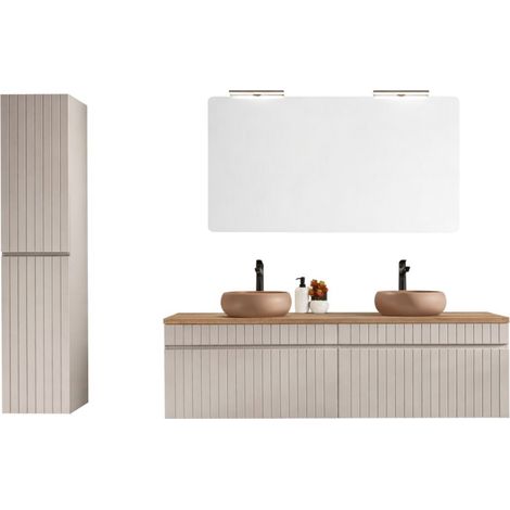 ICON Set: Unterschrank 160cm + 2 runde Aufsatzwaschbecken + 1 rechteckiger Spiegel + 2 LED-Lampen + 1 Hochschrank