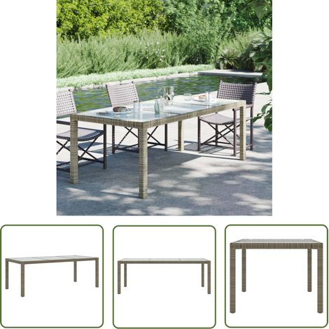 The Living Store Table de jardin Gris 190x90x75 cm Verre trempé/résine tressée - Table De Jardin - Table Extérieure - Mobilier De Jardin - Table En Résine Tressée - Table Ronde (1/5)