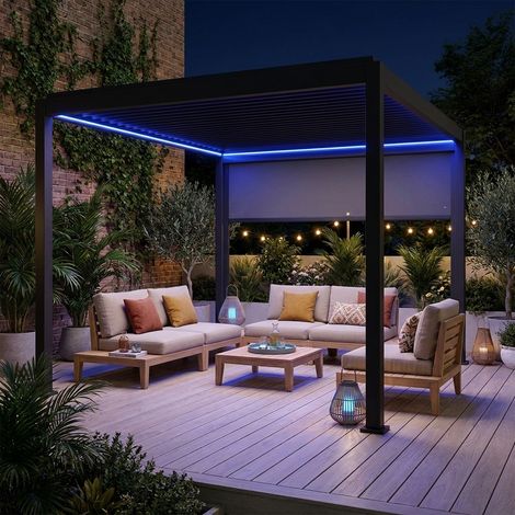 Pergola bioclimatique électrique 3x4m. aluminium. à lames orientables avec éclairage LED + store 3m (1/5)