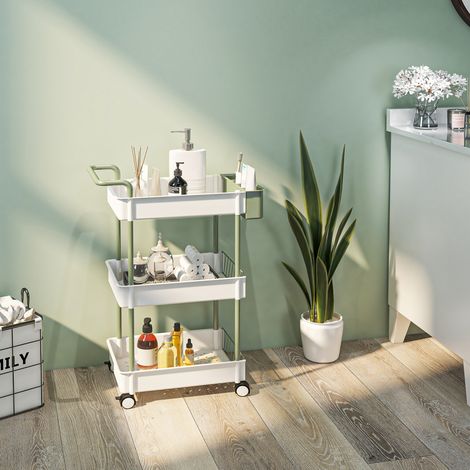 Desserte de salle de bain 50x29,4x77 cm blanche avec 3 niveaux, roulettes et panier suspendu (1/5)
