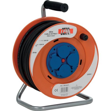 Ceba – Enrouleur électrique 40 m 3G2,5 – 230 V mono – 4 prises caoutchouc 16A – Indice IP44 pour chantiers humides