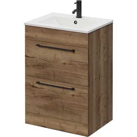 Napoli 460 Tobacco Oak 600mm 2 Drawer Vanity Unit with Angel Basin - 600mm - Matt Black 320mm Handle