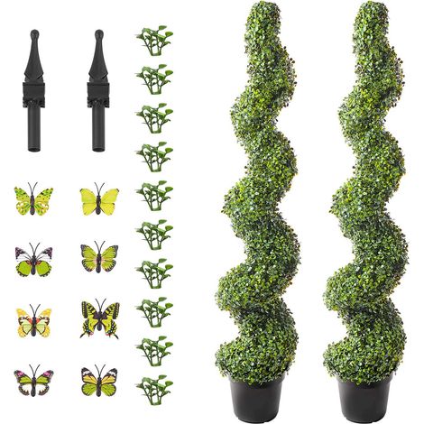 Arbre Topiaire Artificiel en Buis, 150 cm (Lot de 2), Spirale Faux, avec Pot et Décor, Feuillage Supplémentaire, Résistant UV, pour Intérieur et Extérieur (1/5)