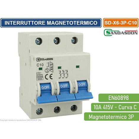 SANDASDON INTERRUTTORE MEGNETOTERMICO PER BARRA DIN 3 MODULI 3P 415V CURVA C 6KA 10A (1/2)