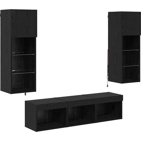 Mueble de TV de pared de diseño moderno de 60 x 30 x 30 cm con tiras LED y estantes de cristal en madera de ingeniería de roble negro 020056087