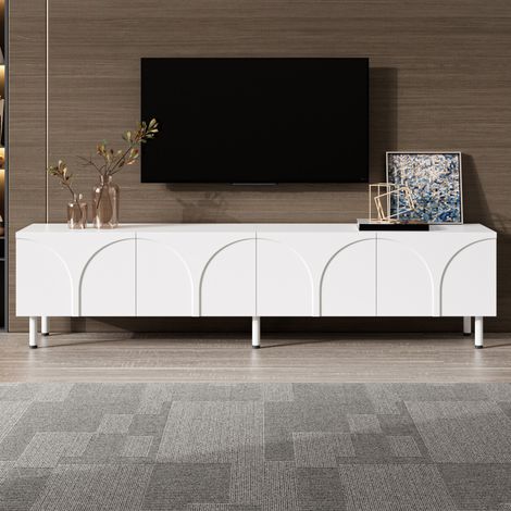Meuble TV à 4 portes, lowboard avec pieds en métal, rangement 2 compartiments, 180x35x49 cm, blanc