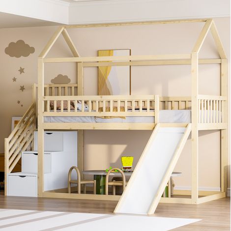 Cama alta infantil 90 x 200 cm con tobogán y escalera de almacenaje, madera natural, DESVIAE (1/5)