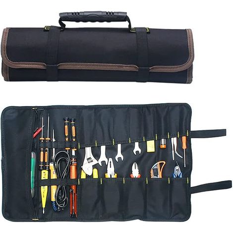 Sac à outils portable 22 poches en toile Oxford 600D enroulable pour outils de rangement facile et portable Idéal pour les travaux manuels, les réparateurs Noir