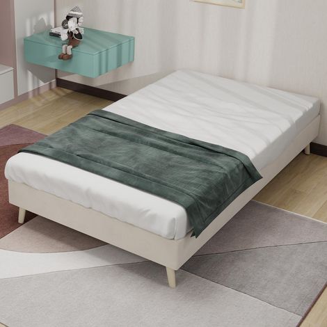, Cadre de lit minimaliste moderne, 90x200cm, beige, revêtement en velours hollandais, sommier bas, mobilier de chambre de style contemporain. Mécanisme de levage à gaz... (1/5)
