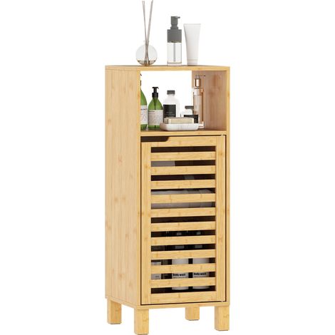 Meuble de salle de bain, étagère ouverte, armoire, bois de bambou, porte à lattes, marron clair (1/5)